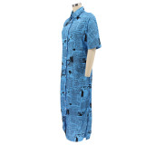 Blue Newspaper Printed Short Sleeve Loose Maxi Blouse Dress