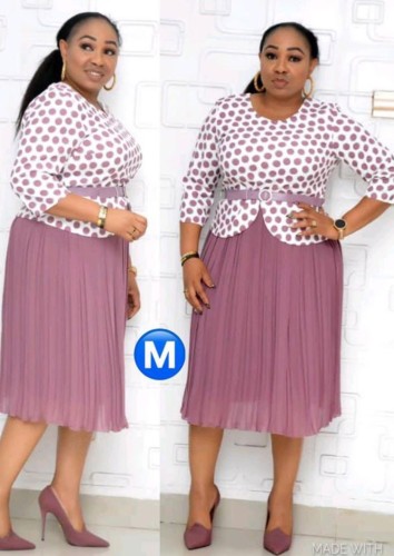 Plus Size Dot Print Top and Pink Midi Pleated Dress Two Piece Set