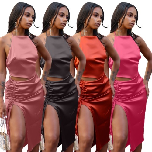 Hot Pink Halter Silk Top and Drawstring Slit Midi Skirt Two Piece Outfits