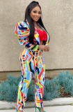 Multicolor Puff Sleeve Blazer and Pants Two Piece Set