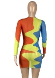 Color Block Long Sleeve Bodycon Short Dress