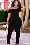 Black Off Shoulder Ruched Ribbed Jumpsuit