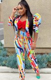 Multicolor Puff Sleeve Blazer and Pants Two Piece Set