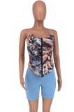 Blue Printed Zipper Fitted Bandeau Top and Matching Shorts Two Piece Set