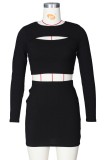 Black Hollow Out Long Sleeve Crop Top and Skirt Two Piece Outfits