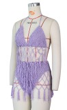 Purple Mesh Halter Tassel Beachwear Two Piece Outfits