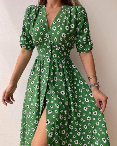 Flower Green V-neck Short Sleeve Maxi Dress