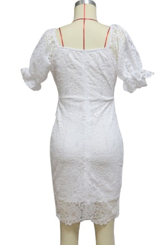 White Lace Short Sleeve Midi Slim Fit Dress