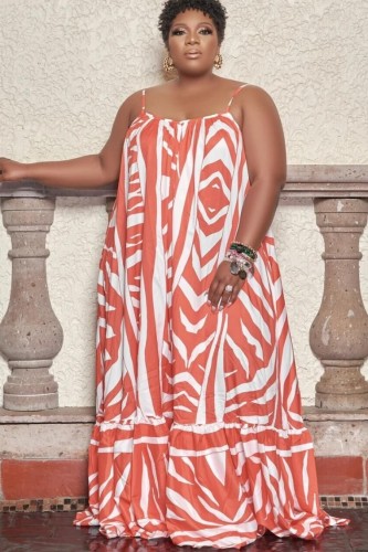 Plus Size White and Orange Print Cami Loose Maxi Dress