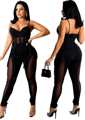 Sexy Black See Through Belt Cami Fitted Jumpsuit