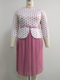 Plus Size Dot Print Top and Pink Midi Pleated Dress Two Piece Set