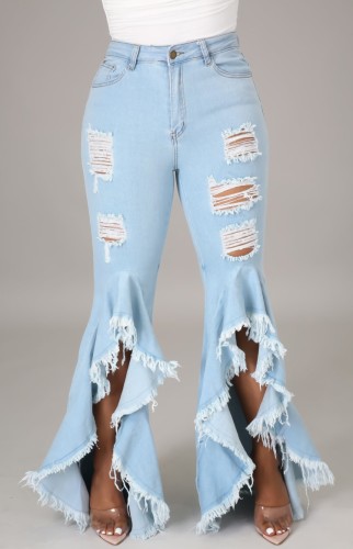 Light Blue Distressed Bottom Irregular Ruffles Skinny Flare Jeans
