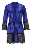 Blue Silk and Lace Patching Robe Nightgown with Matching Belt