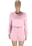 Pink Long Sleeve O-Neck Crop Top and Matching Shorts Two Piece Set