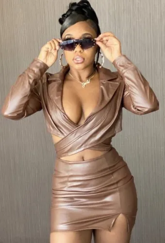 Coffee Hollow Out Long Sleeve Turndown Collar Top and Slit Skirt Two Piece Set