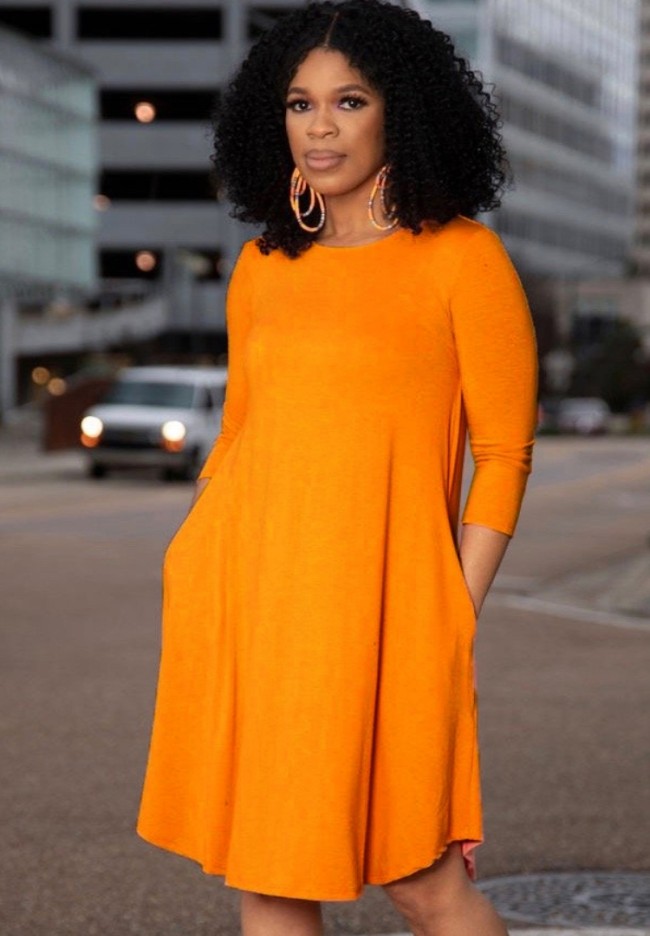 Casual Orange Long Sleeve O-Neck Pocket Midi Dress