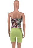 Green Printed Zipper Fitted Bandeau Top and Matching Shorts Two Piece Set