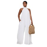 Solid White Halter Wide Leg Jumpsuit