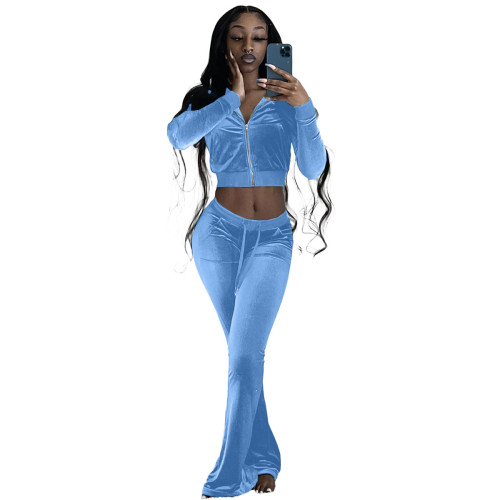 Light Blue Velvet Crop Jacket and Flare Pants Two Pieces Tracksuit