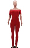 Red Off Shoulder Ruched Ribbed Jumpsuit