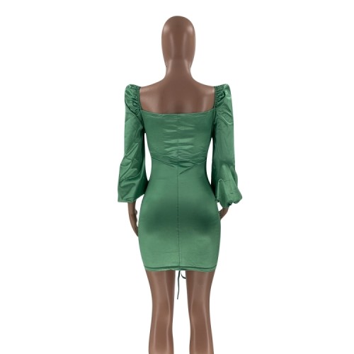 Cut Out Sexy Scrunch Strings Green Slim Fit Dress