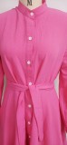 Pink Button Up Long Sleeve Ruffled Blouse Dress with Belt