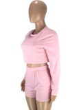 Pink Long Sleeve O-Neck Crop Top and Matching Shorts Two Piece Set