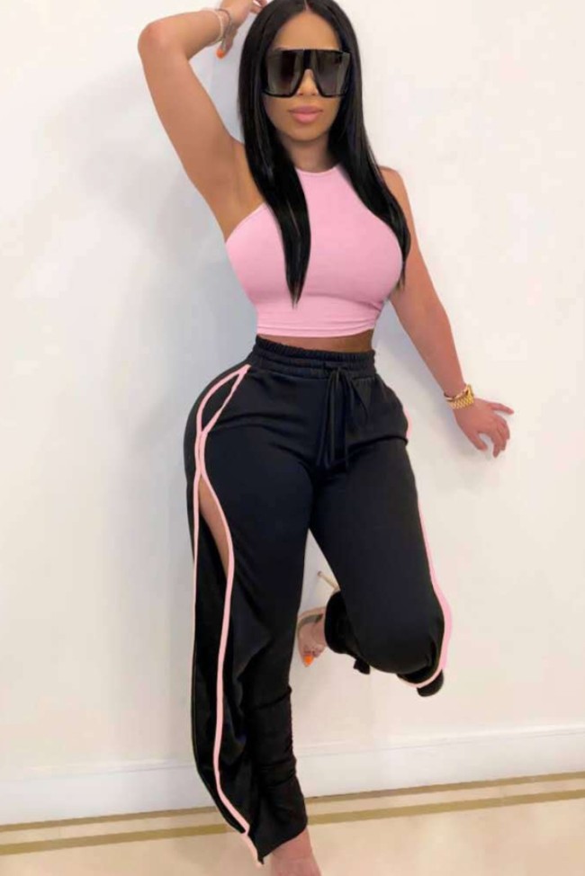 Pink Sleeveless Crop Top and Slit Drawstring Sweatpants Two Piece Set