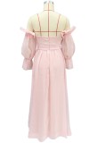 Pink Off Shoulder Long Bubble Sleeve Folded Maxi Dress