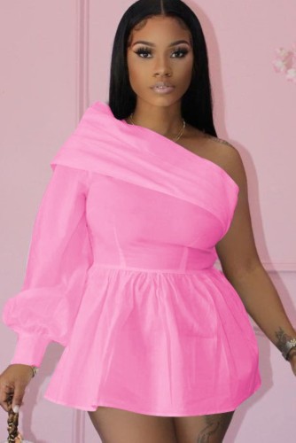 Pink One Long Sleeve Oblique Collar Short Dress