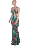 Floral Green Hollow Out Halter Cami Mermaid Maxi Dress
