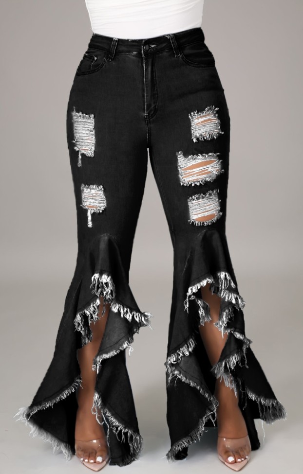 Black Distressed Bottom Irregular Ruffles Skinny Flare Jeans