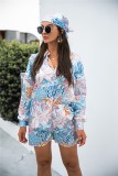 Floral Long Sleeve Blouse and Shorts with Matching Kerchief 3PC Set
