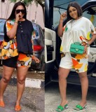Print Black Short Sleeve Drop Shoulder Loose Blouse and Shorts Two Piece Outfits
