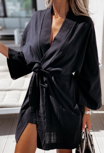 Black Long Wide Sleeve Blouse Dress with Belt