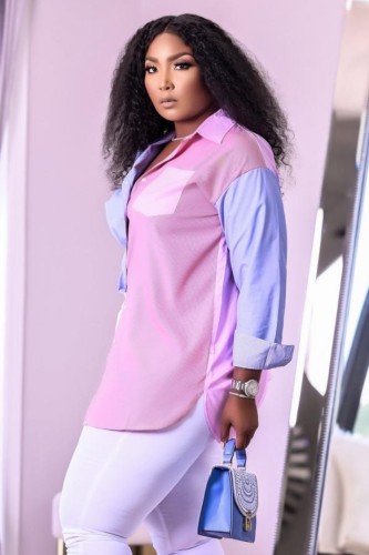 Pink and Blue Contrast Long Sleeve Button Up Blouse