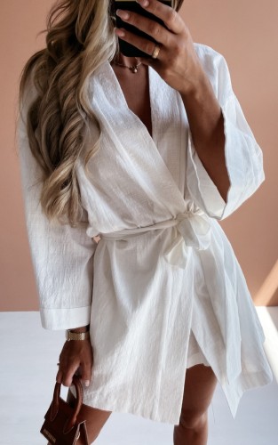 White Long Wide Sleeve Blouse Dress with Belt