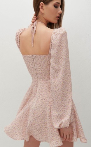 Pink Floral Halter Neck Bubble Long Sleeve Midi Dress
