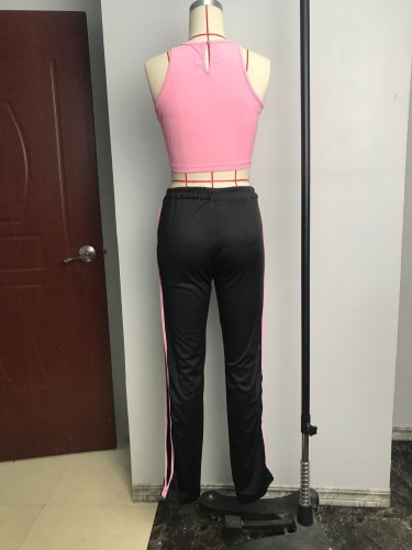 Pink Sleeveless Crop Top and Slit Drawstring Sweatpants Two Piece Set
