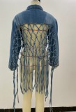 Blue Loose Long Fringe Denim Jacket