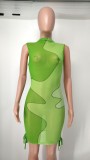 Green Color Fade See Through Sleeveless Short Dress