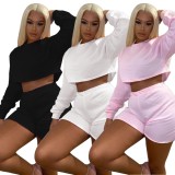 White Long Sleeve O-Neck Crop Top and Matching Shorts Two Piece Set