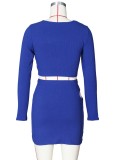 Blue Hollow Out Long Sleeve Crop Top and Skirt Two Piece Outfits