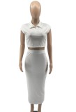 White Turndown Collar Cap Sleeve Crop Top and Long Skirt Two Piece Set