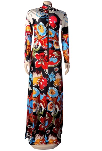 Floral Print Long Sleeve Zipper Maxi Dress