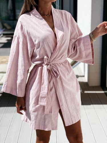 Pink Long Wide Sleeve Blouse Dress with Belt