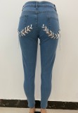 Casual Blue Lace Up High Waist Tight Jeans