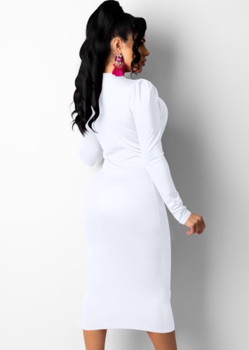 White Deep-V Folded Long Bodycon Dress