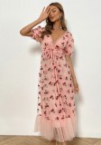 pink deep V-neck with waist stripe lace Cherry Sequins long dress