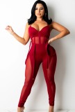 Sexy Red See Through Belt Cami Fitted Jumpsuit